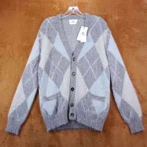 AMI Sweater Mens Small Gray Cardigan Argyle Button Up Brushed Alpaca Mohair $920